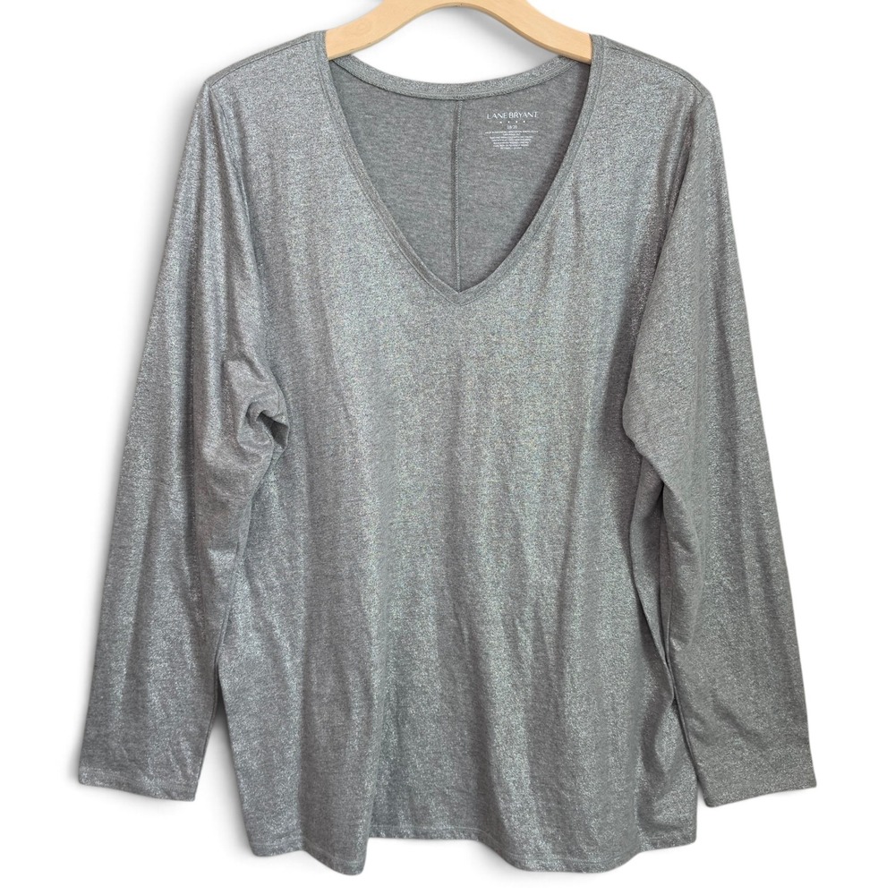 Lane Bryant Top Womens 18/20 Gray Silver Metallic Foil Shimmer V Neck Shirt